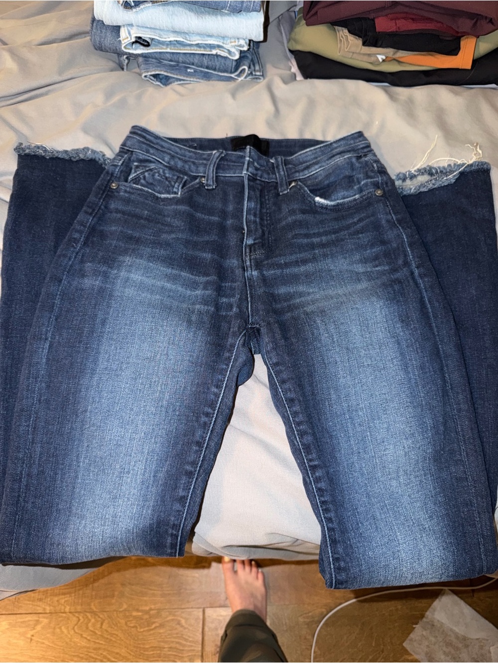 Buckle Dark Blue Flare Jeans with Frayed Hem